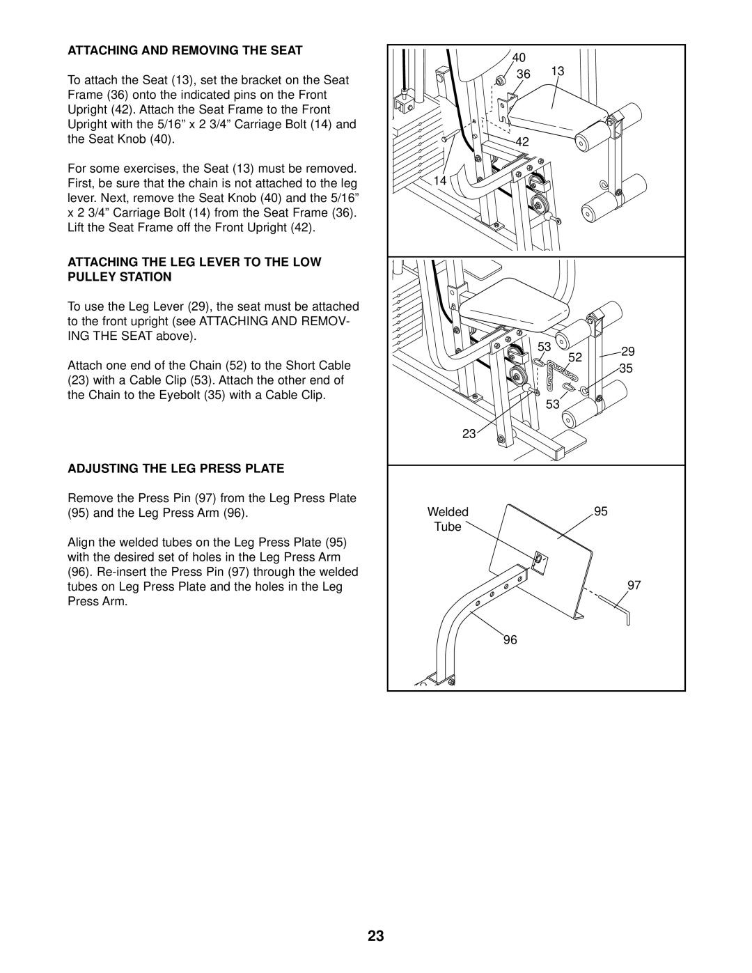 Weider WESY96400 user manual Attaching And Removing The Seat, Attaching The Leg Lever To The Low Pulley Station 