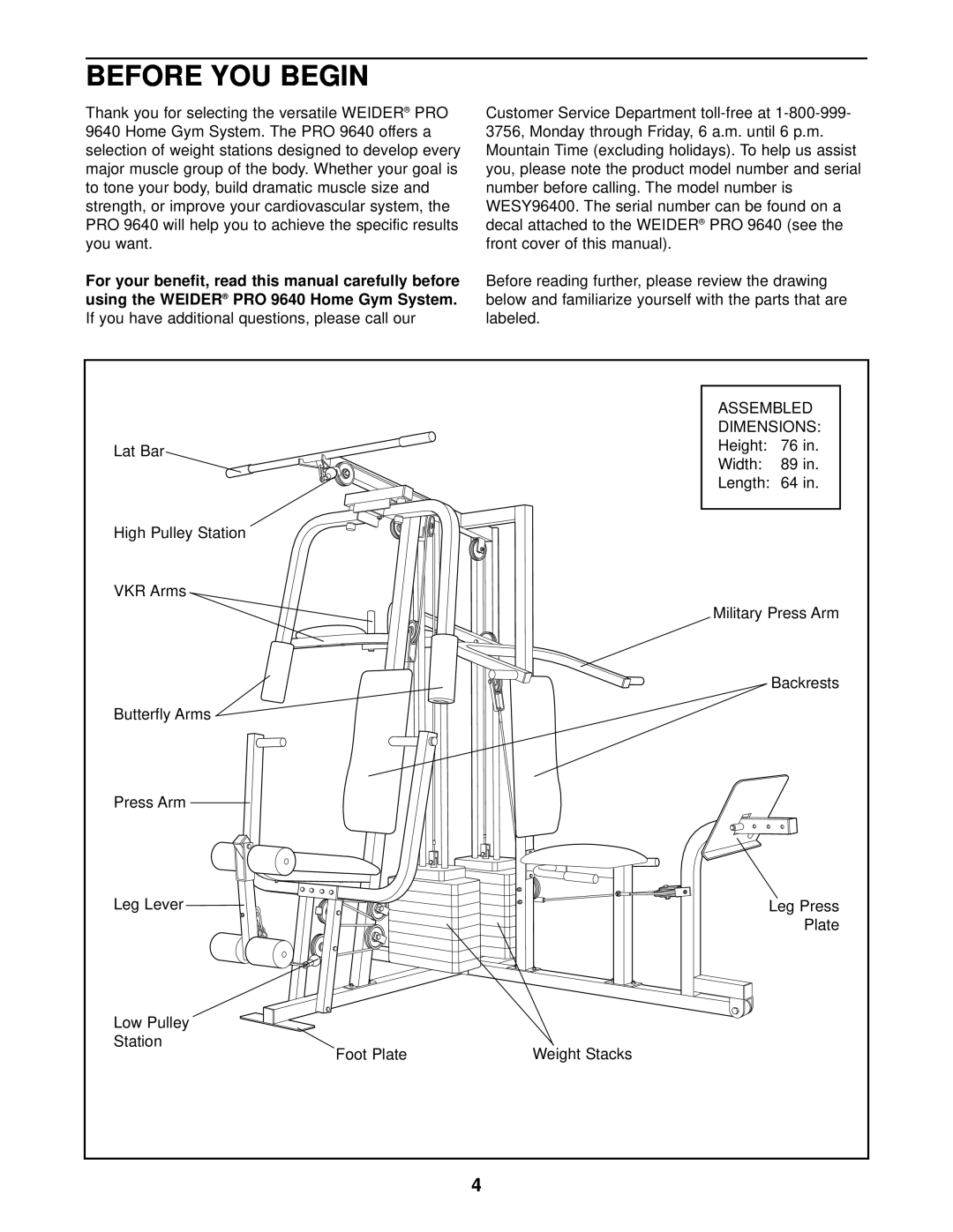 Weider WESY96400 user manual Before You Begin, For your benefit, read this manual carefully before 