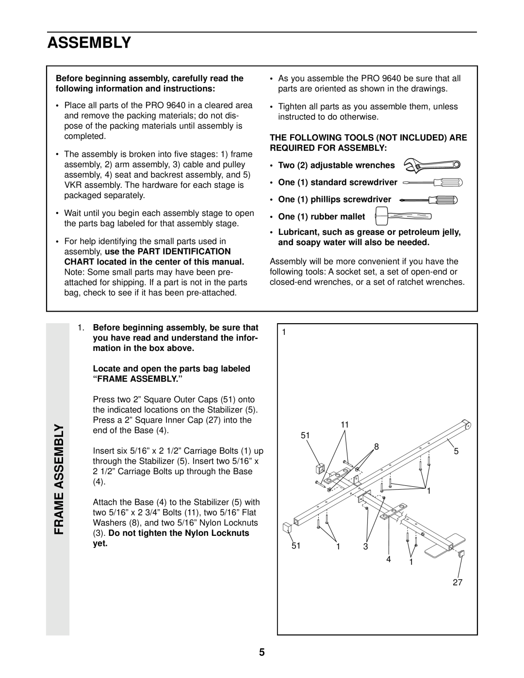 Weider WESY96400 user manual Frame Assembly 