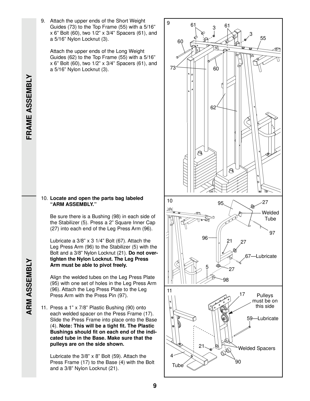 Weider WESY96400 user manual Frame Assembly Arm Assembly, Locate and open the parts bag labeled, “Arm Assembly.” 