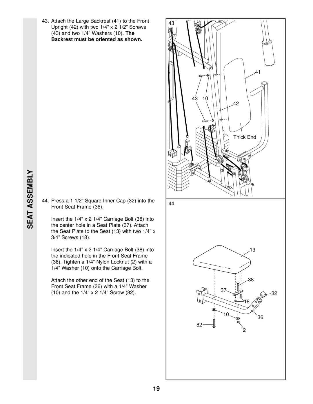 Weider WESY97300 Seat Assembly, Upright 42 with two 1/4 x 2 1/2 Screws Two 1/4 Washers, Thick End, 1/4 x 2 1/4 Screw 