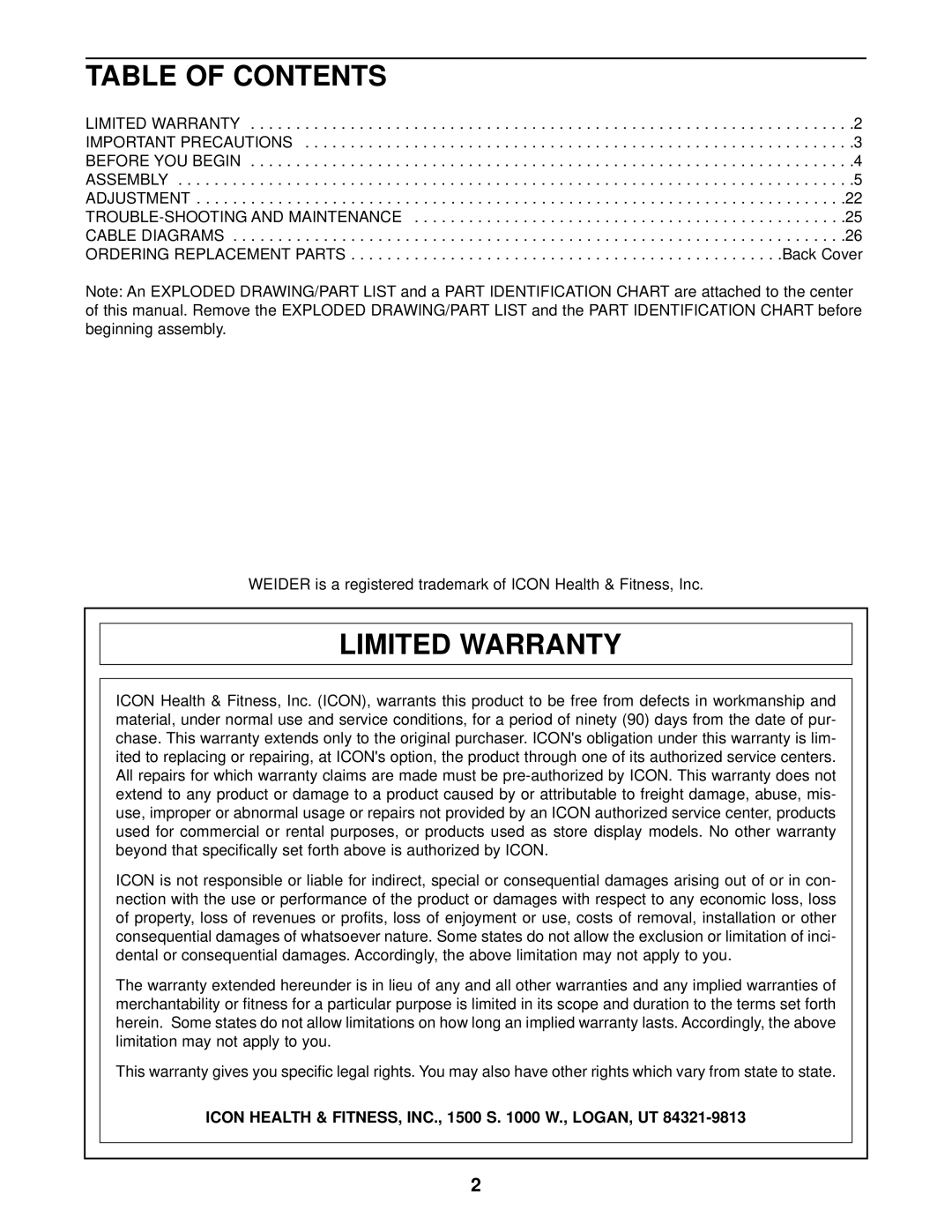 Weider WESY97300 user manual Table of Contents, Limited Warranty 