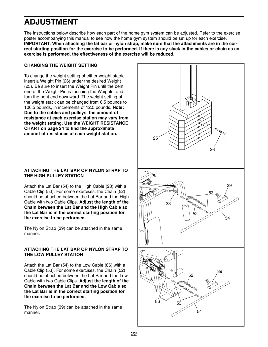 Weider WESY97300 Adjustment, Changing the Weight Setting, Attaching the LAT BAR or Nylon Strap to High Pulley Station 