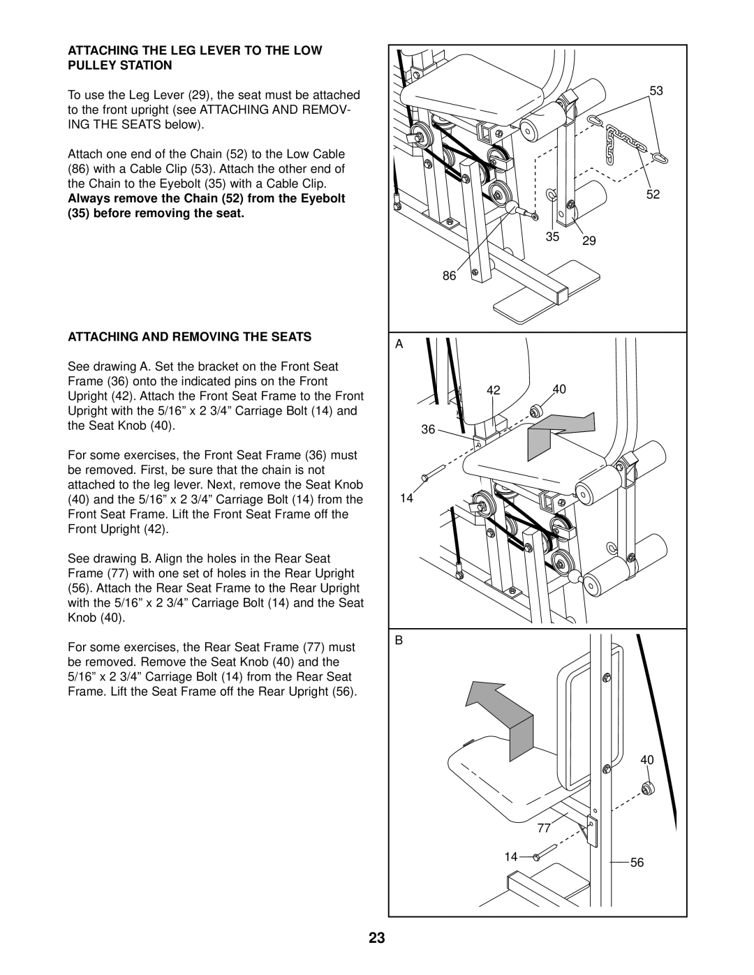 Weider WESY97300 Attaching the LEG Lever to the LOW Pulley Station, Attach one end of the Chain 52 to the Low Cable 