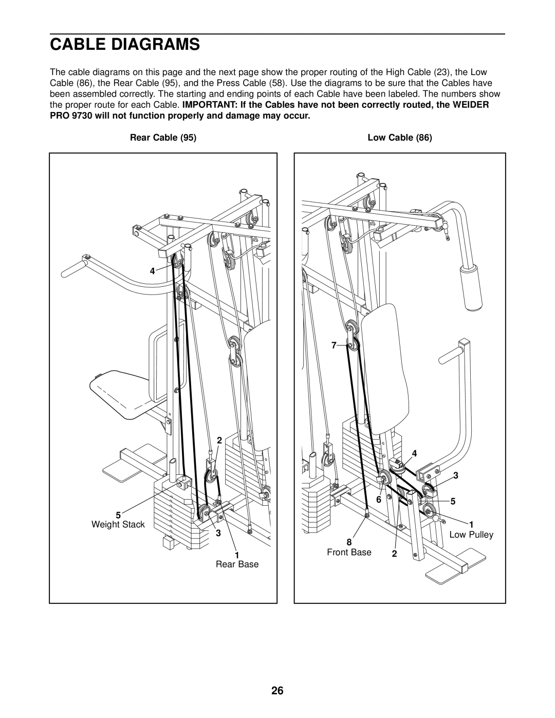 Weider WESY97300 user manual Cable Diagrams, Weight Stack, Rear Base 