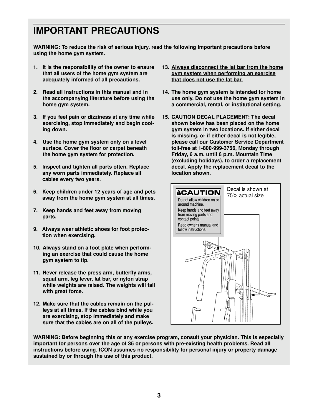 Weider WESY97300 user manual Important Precautions, Ing down 