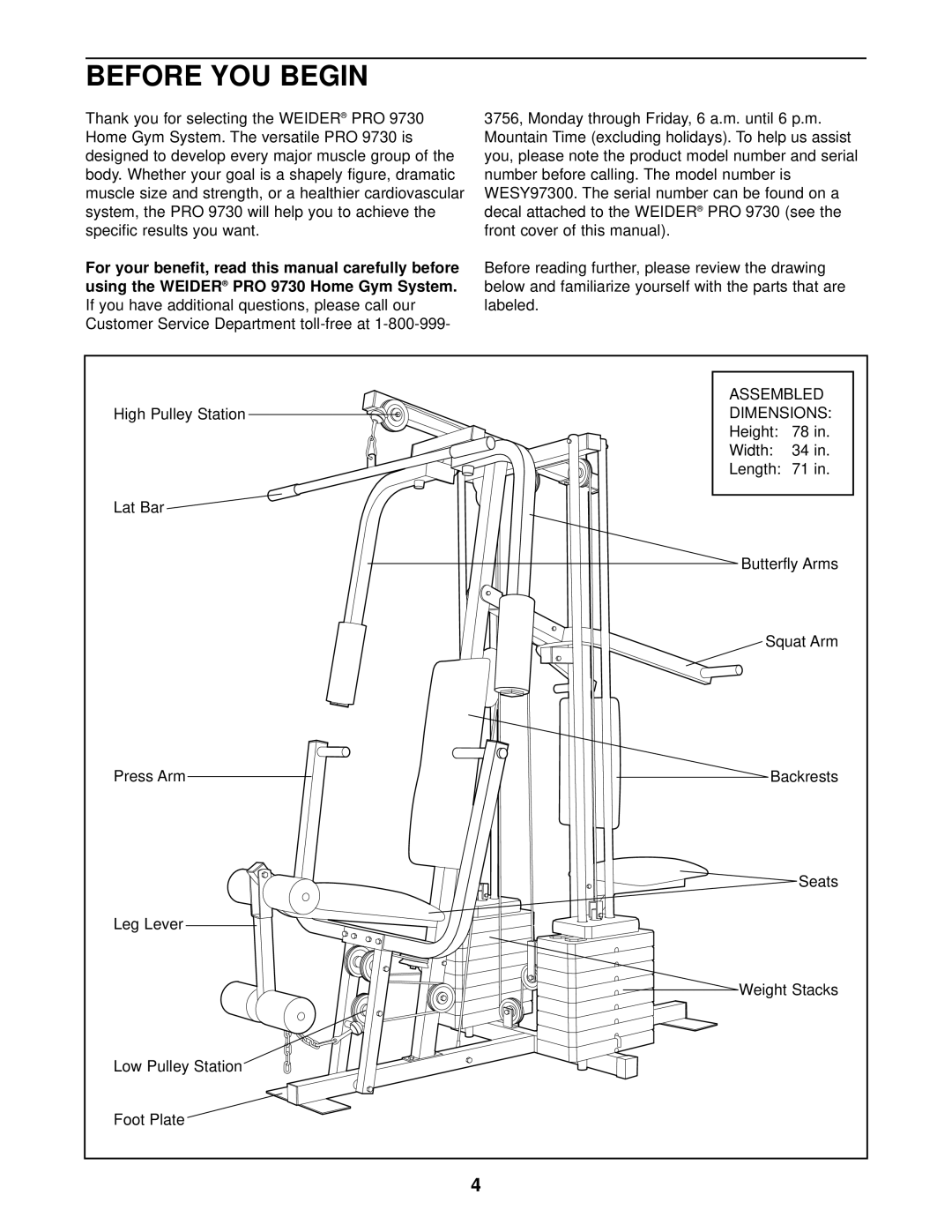 Weider WESY97300 user manual Before YOU Begin, Using the Weider PRO 9730 Home Gym System 