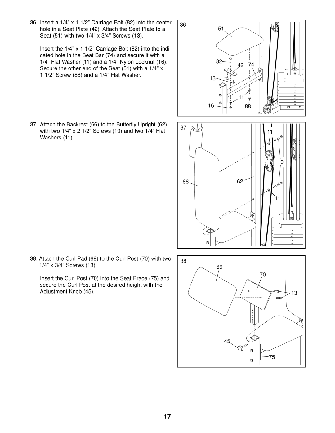 Weider WESY99300 user manual Seat 51 with two 1/4 x 3/4 Screws 