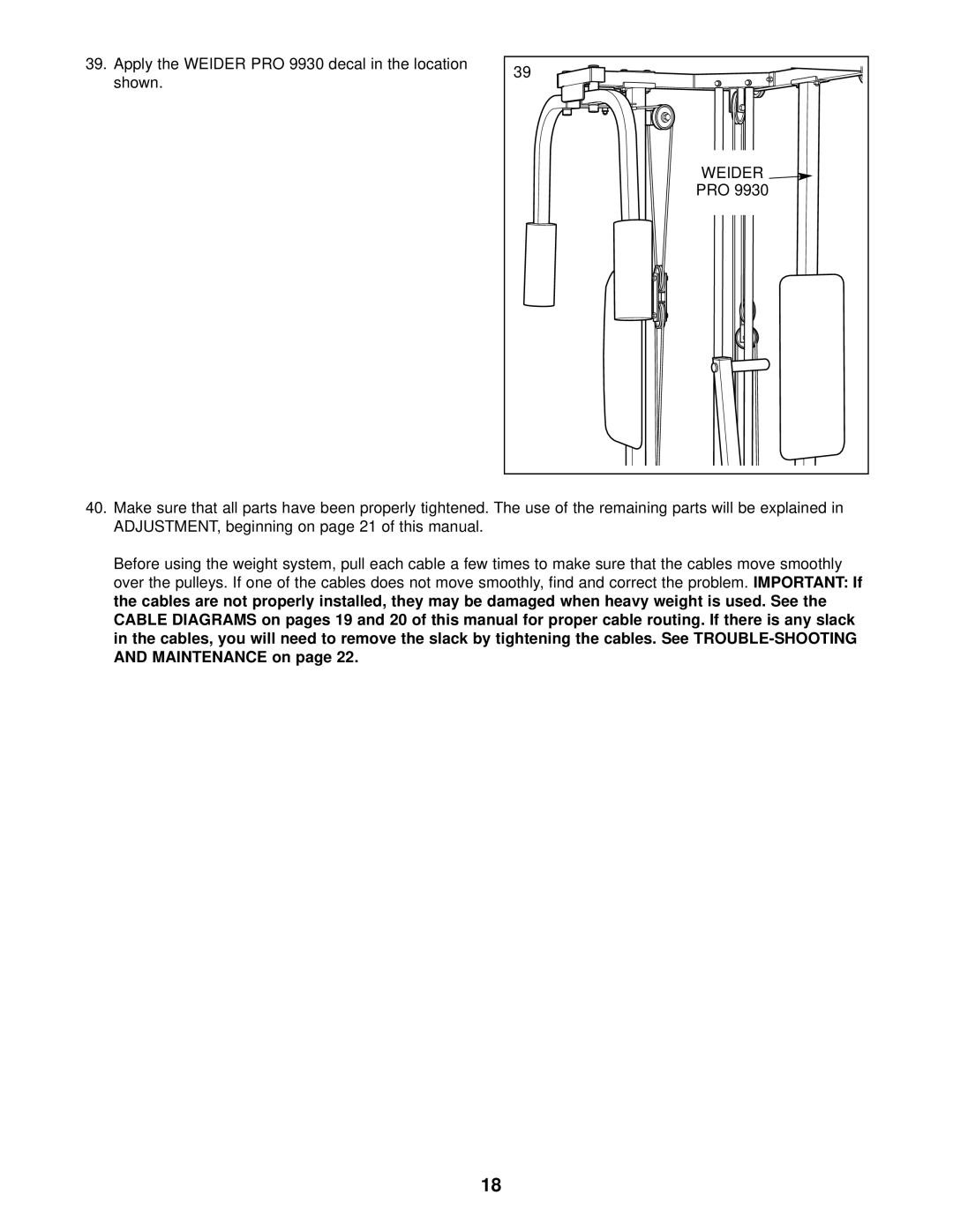 Weider WESY99300 user manual Apply the Weider PRO 9930 decal in the location shown, Pro, Maintenance on 