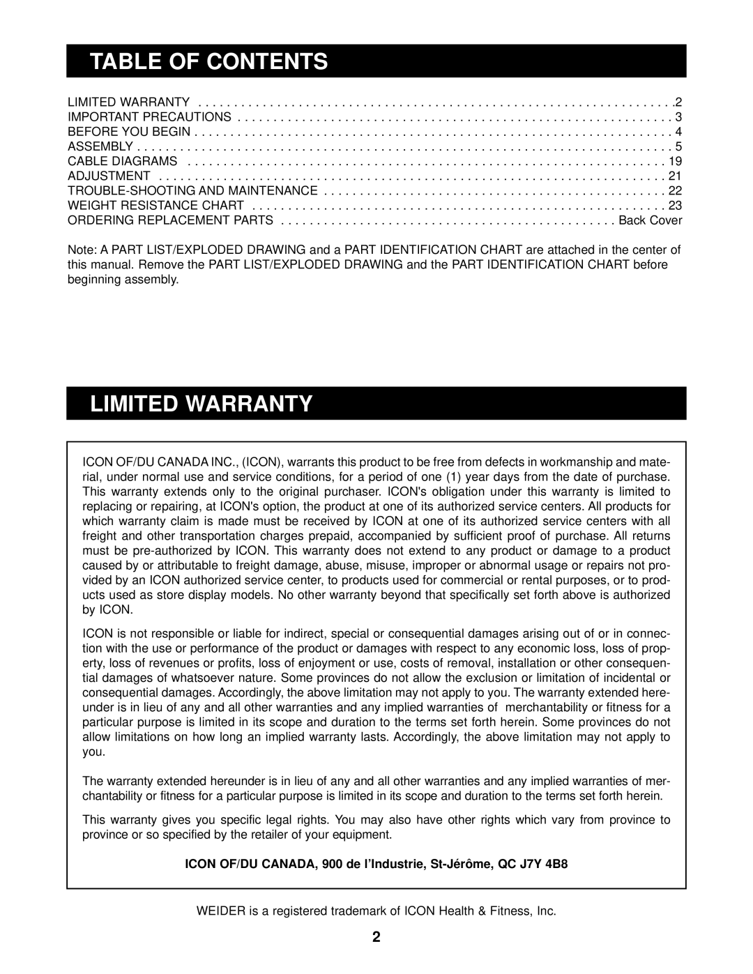 Weider WESY99300 user manual Table of Contents, Limited Warranty 