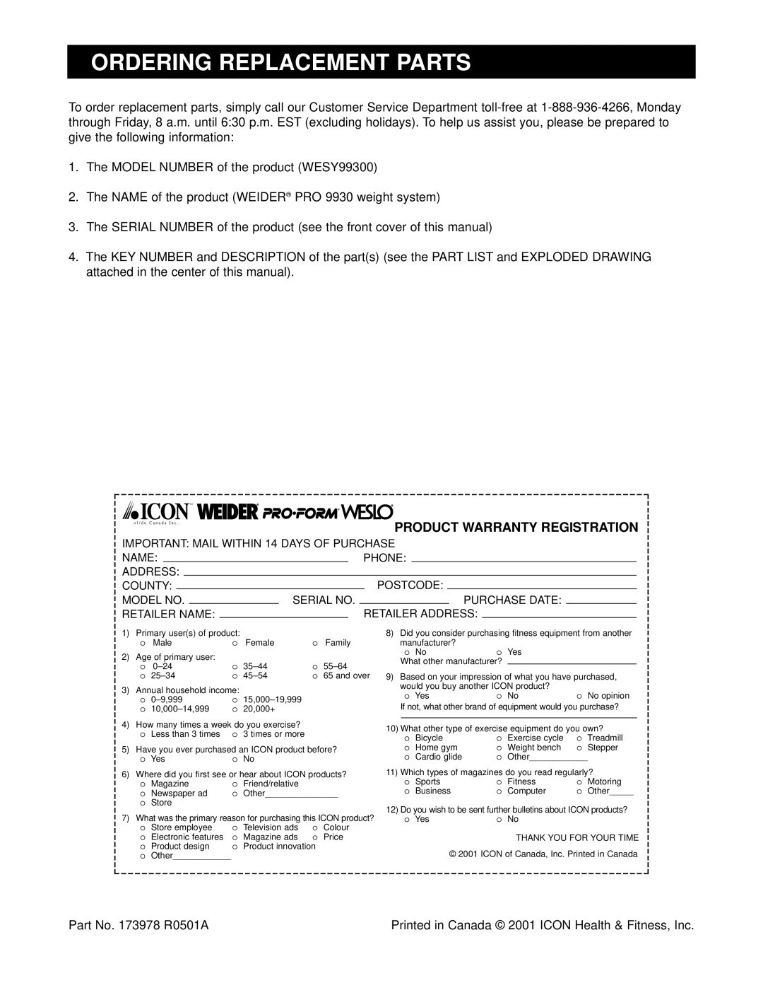 Weider WESY99300 user manual Ordering Replacement Parts, Part No R0501A 