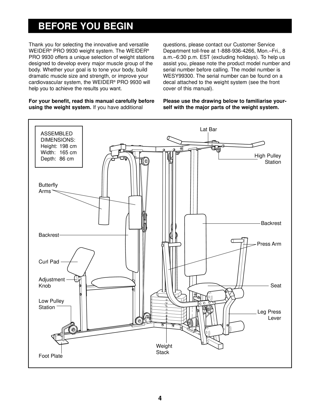 Weider WESY99300 user manual Before You Begin, using the weight system 