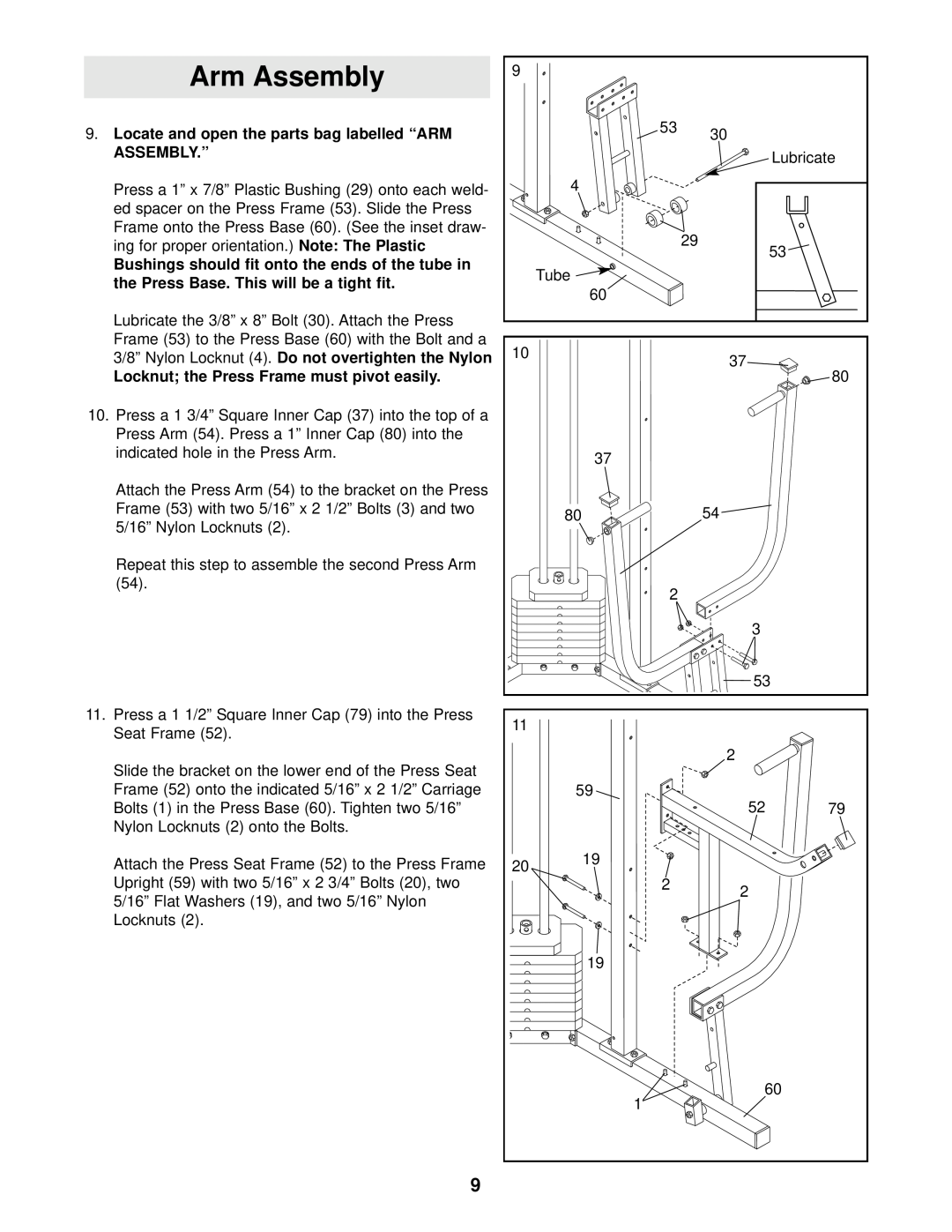 Weider WESY99300 user manual Arm Assembly, Locate and open the parts bag labelled “ARM, Assembly.”, Note The Plastic 