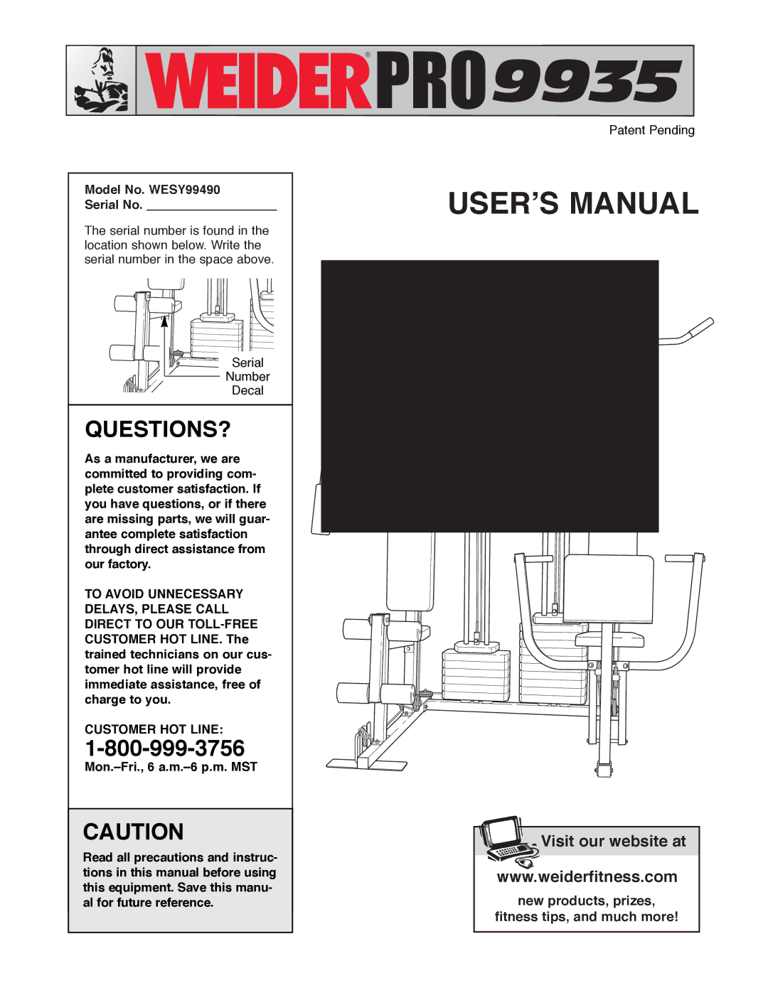 Weider manual Questions?, Model No. WESY99490 Serial No 