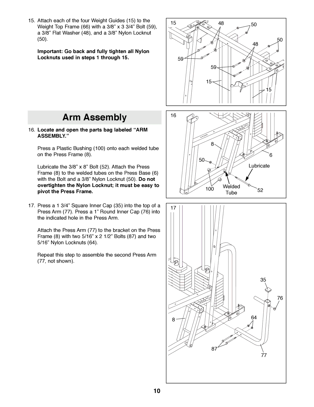 Weider WESY99490 manual Arm Assembly, Locate and open the parts bag labeled Òarm ASSEMBLY.Ó 