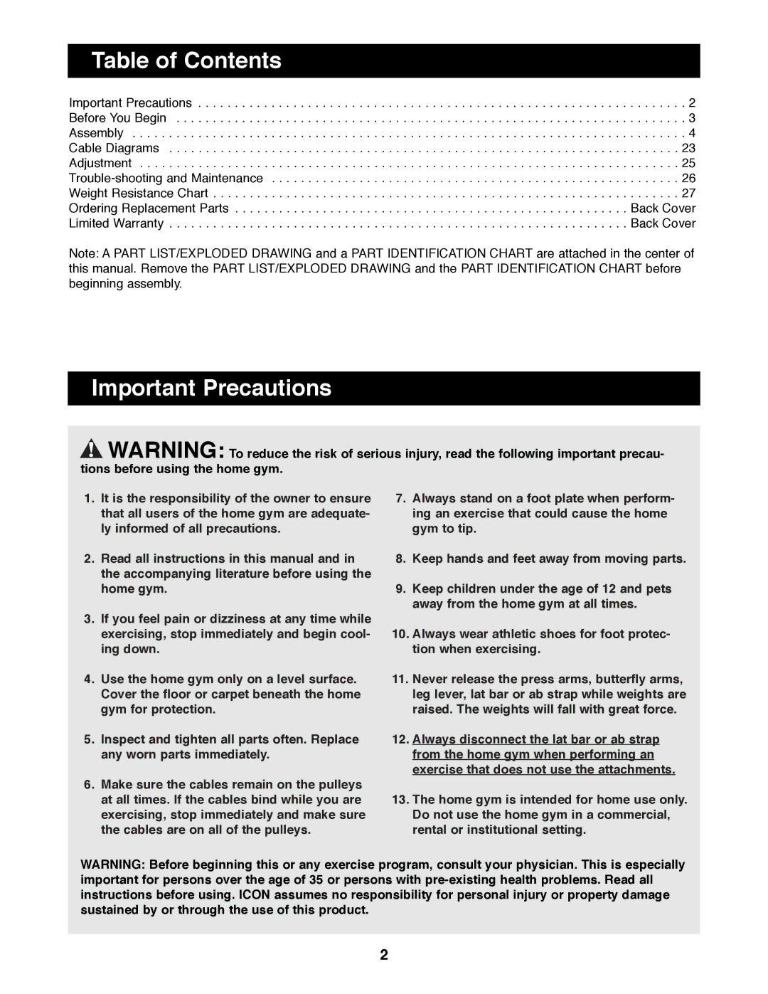 Weider WESY99490 manual Table of Contents, Important Precautions 