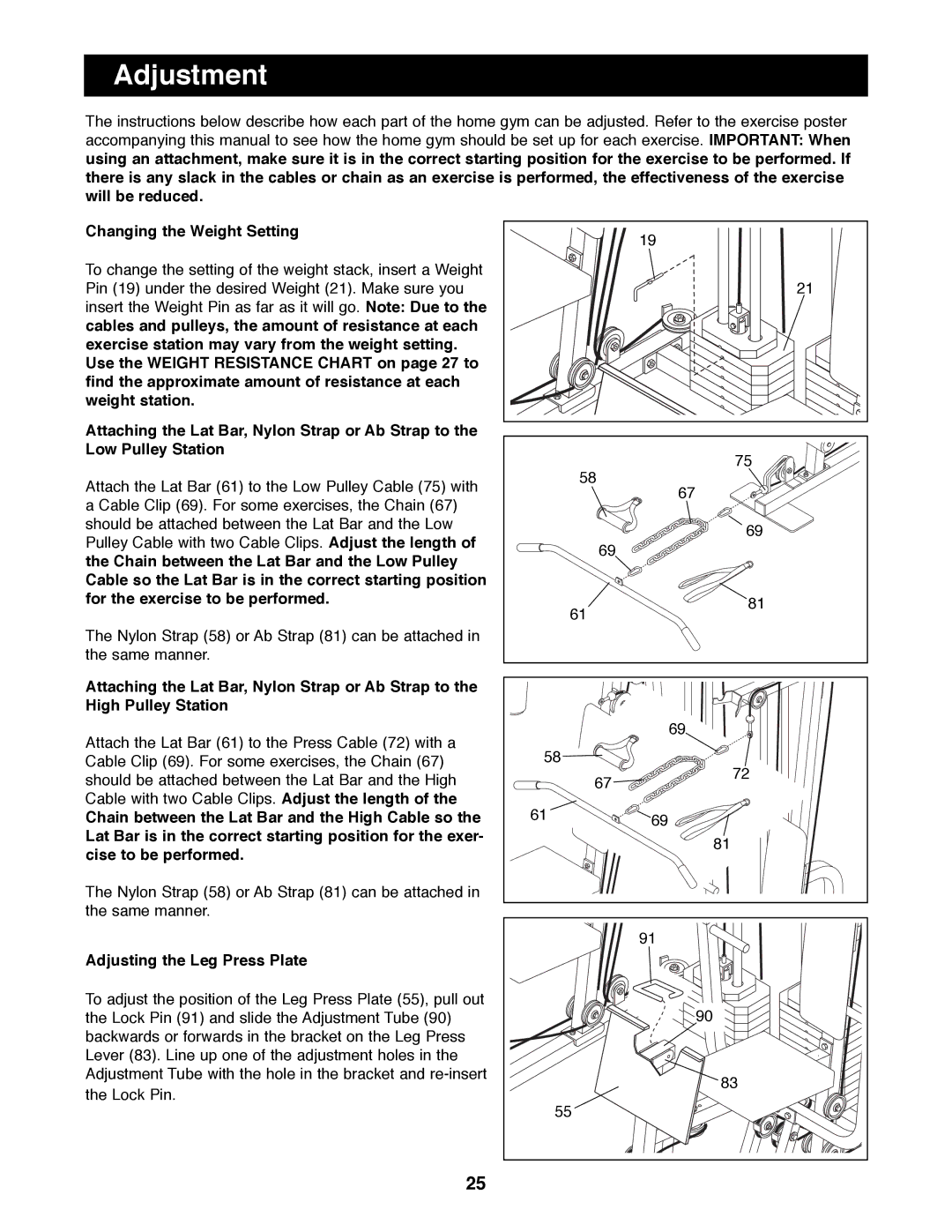 Weider WESY99490 manual Adjustment, Changing the Weight Setting, Adjusting the Leg Press Plate 