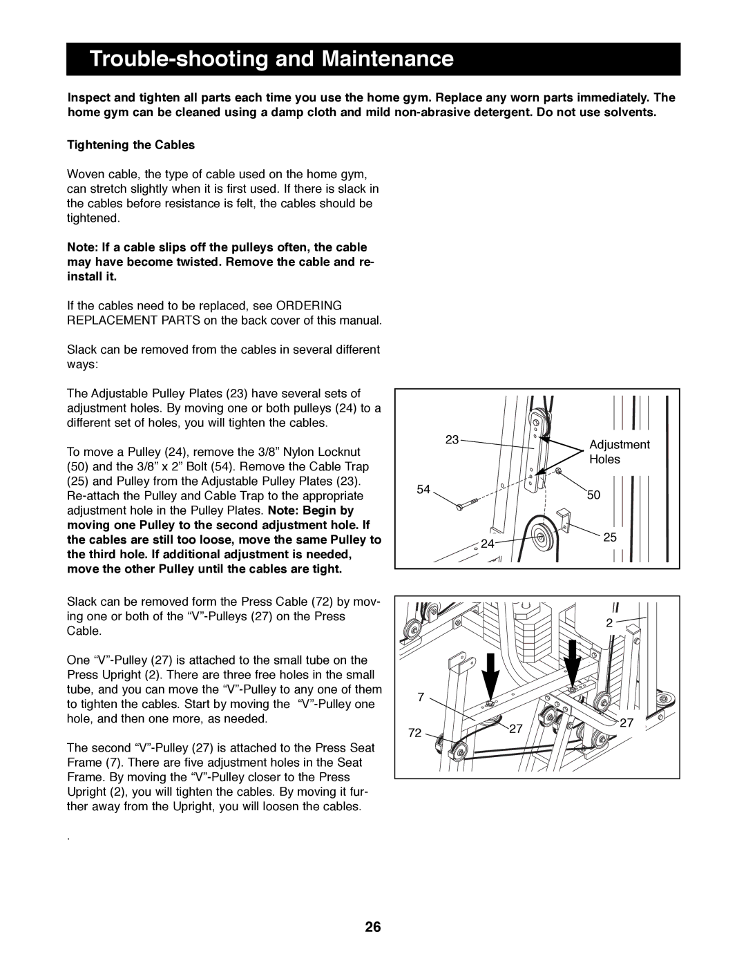 Weider WESY99490 manual Trouble-shooting and Maintenance 