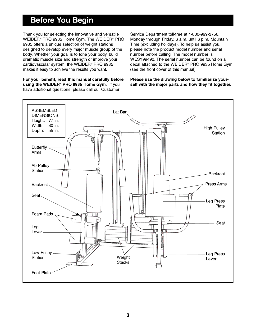 Weider WESY99490 manual Before You Begin, Dimensions 