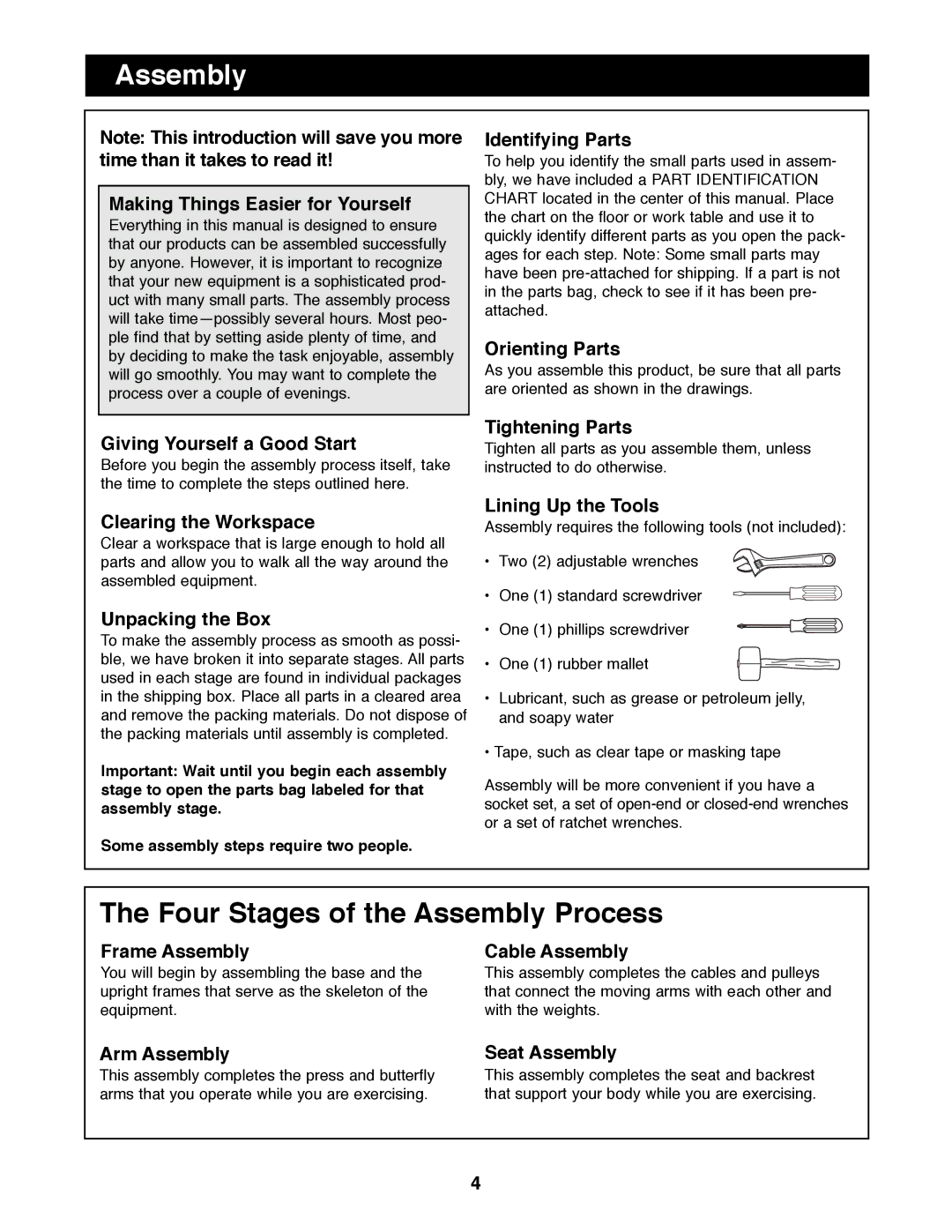 Weider WESY99490 manual Four Stages of the Assembly Process 