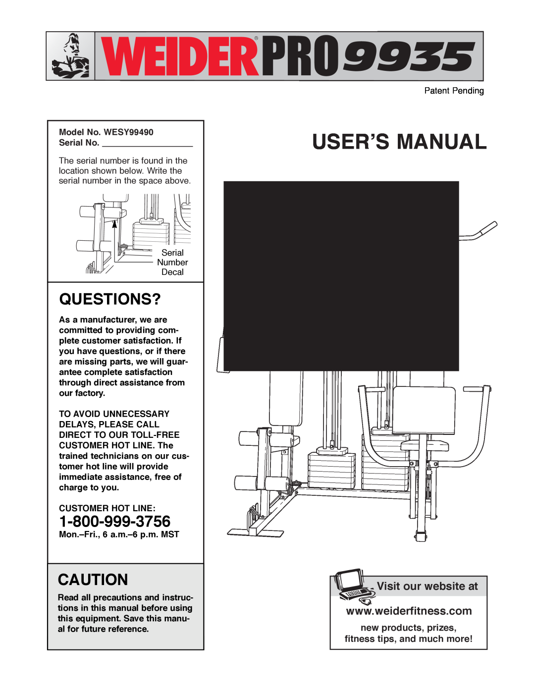 Weider WESY99490 manual Questions?, This Manual Received Several Drawing, Userõs Manual, Visit our website at 