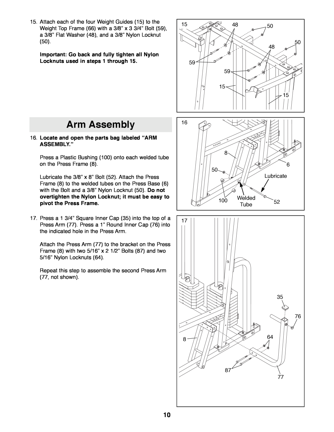 Weider WESY99490 manual Arm Assembly, Locate and open the parts bag labeled ÒARM ASSEMBLY.Ó 