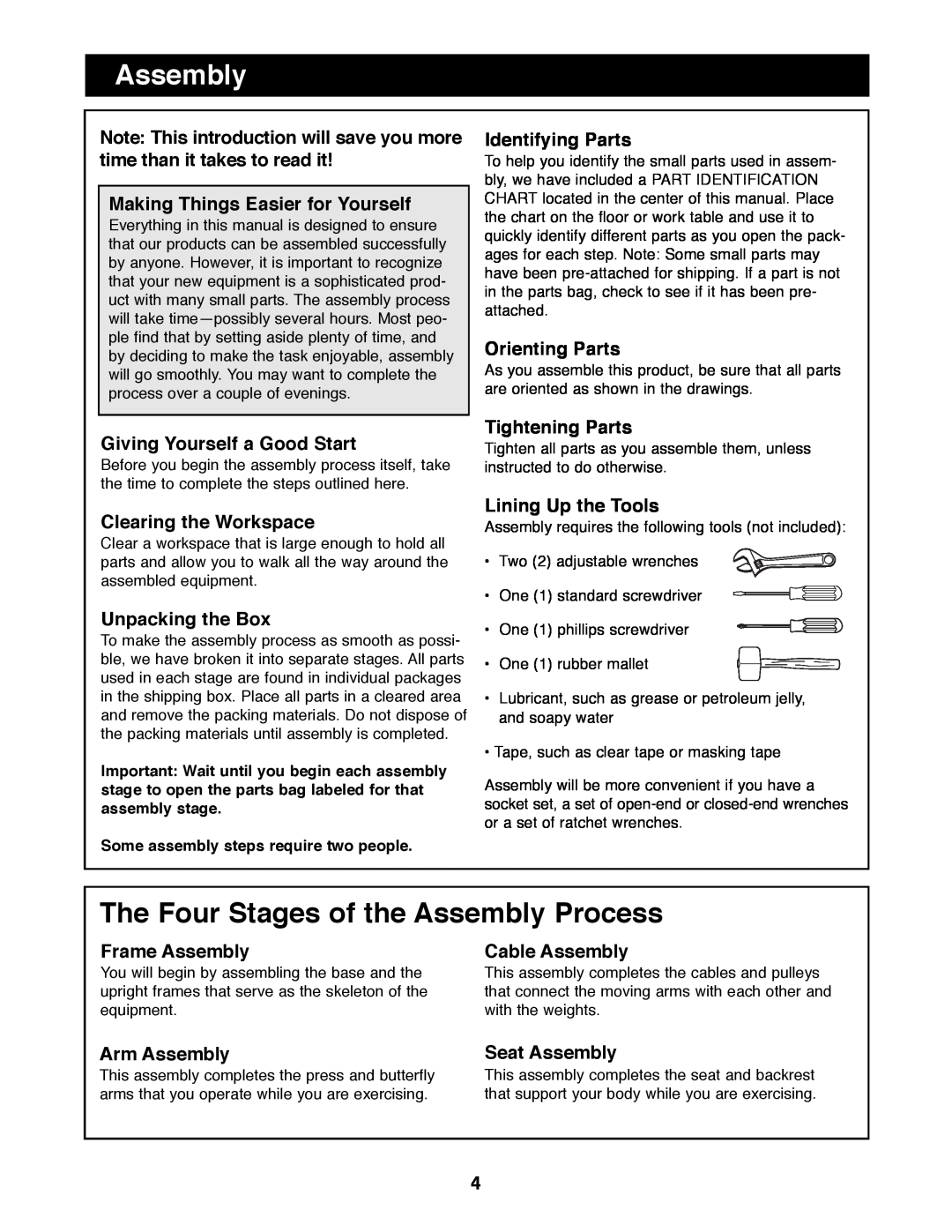 Weider WESY99490 manual The Four Stages of the Assembly Process 