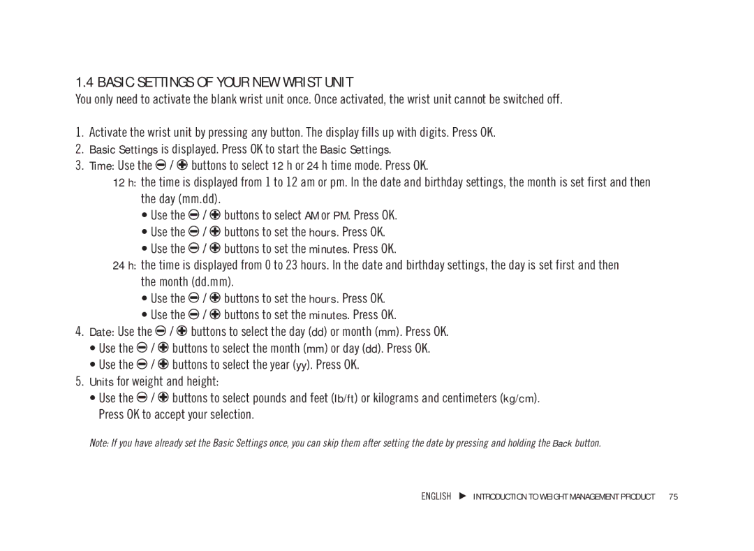 Weider WM21, WM42, WM41, WM22 user manual Basic Settings of Your NEW Wrist Unit 