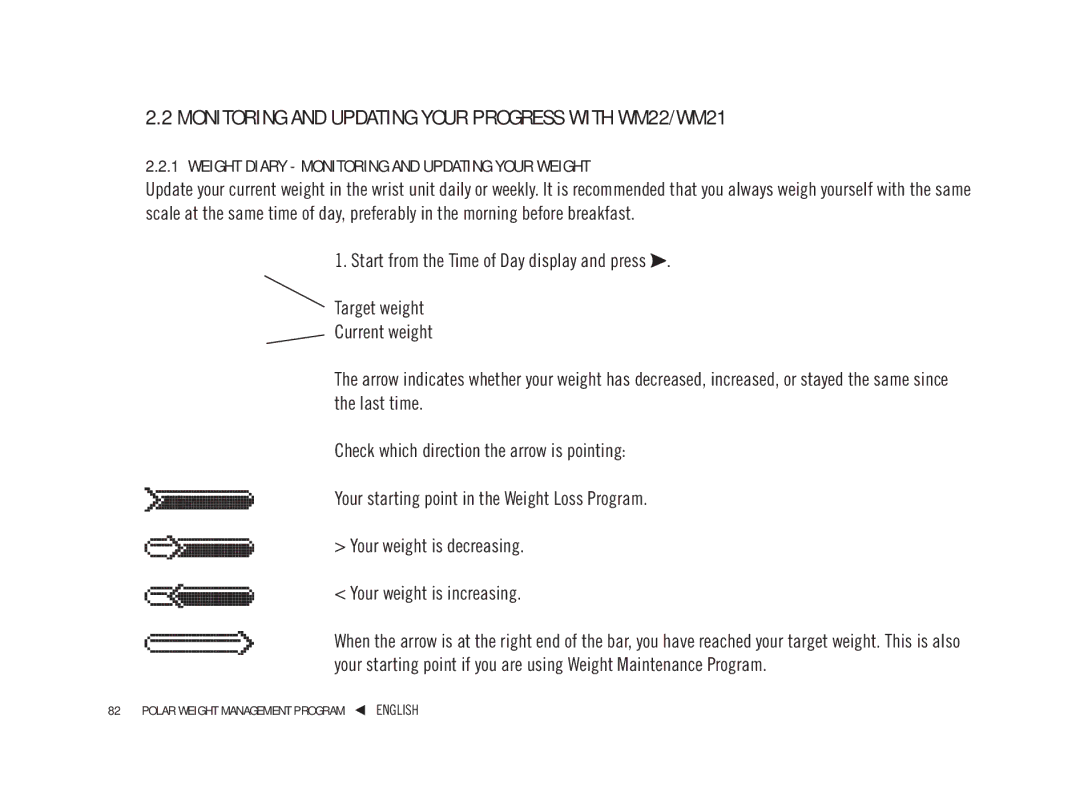 Weider WM41, WM42 Monitoring and Updating Your Progress with WM22/WM21, Weight Diary Monitoring and Updating Your Weight 