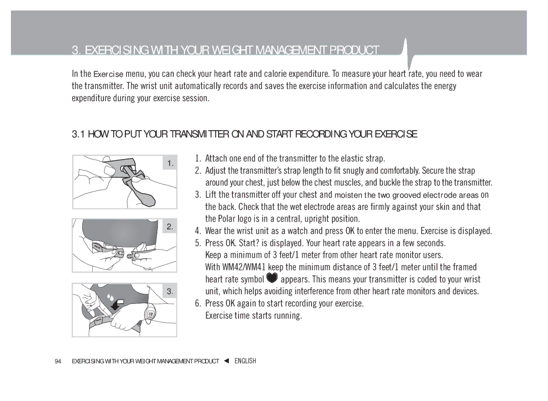 Weider WM41, WM42 Exercising with Your Weight Management Product, Attach one end of the transmitter to the elastic strap 