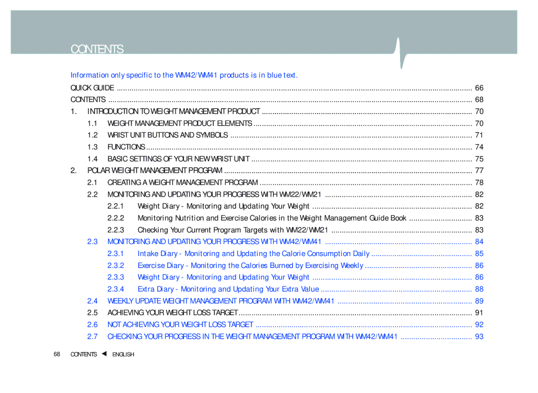 Weider WM22, WM42, WM41, WM21 user manual Contents 