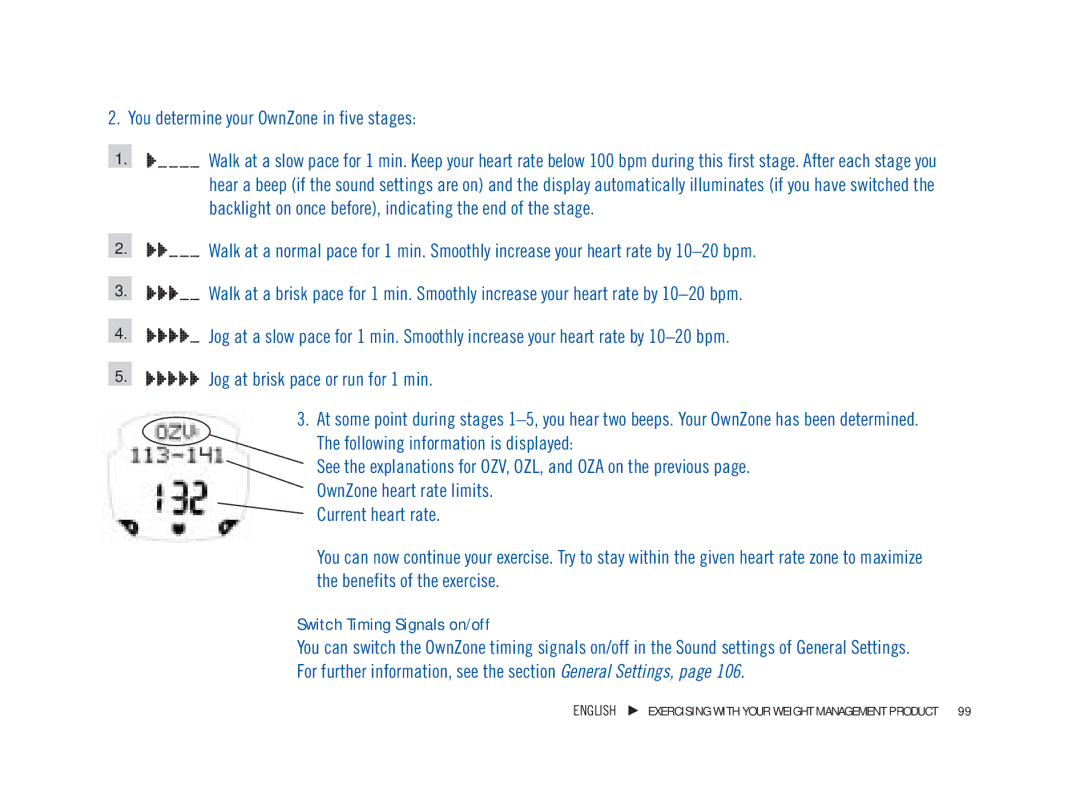 Weider WM21, WM42, WM41, WM22 user manual You determine your OwnZone in five stages, Switch Timing Signals on/off 