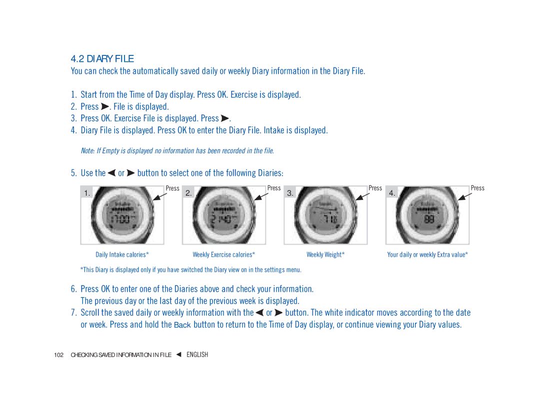 Weider WM41, WM42, WM21, WM22 user manual Diary File 