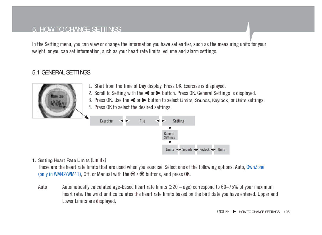 Weider WM42, WM41, WM21, WM22 user manual HOW to Change Settings, General Settings, Setting Heart Rate Limits Limits 