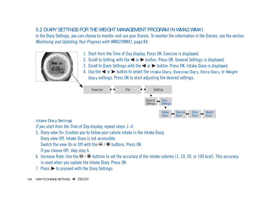 Weider WM22, WM42, WM41, WM21 user manual Intake Diary Settings, If you start from the Time of Day display, repeat steps 