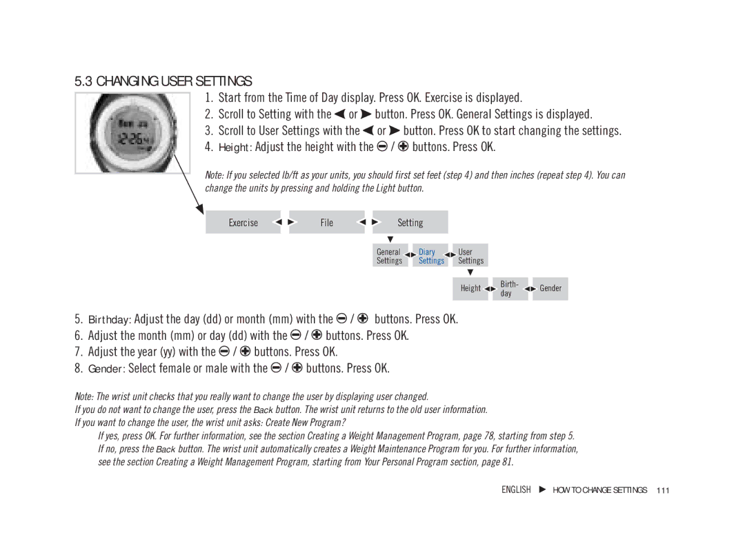 Weider WM21, WM42, WM41, WM22 user manual Changing User Settings, Height Adjust the height with the / buttons. Press OK 