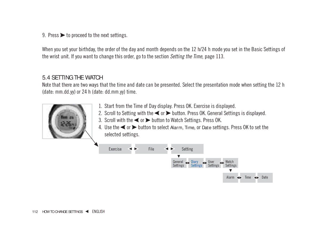 Weider WM22, WM42, WM41, WM21 user manual Setting the Watch, Press to proceed to the next settings 