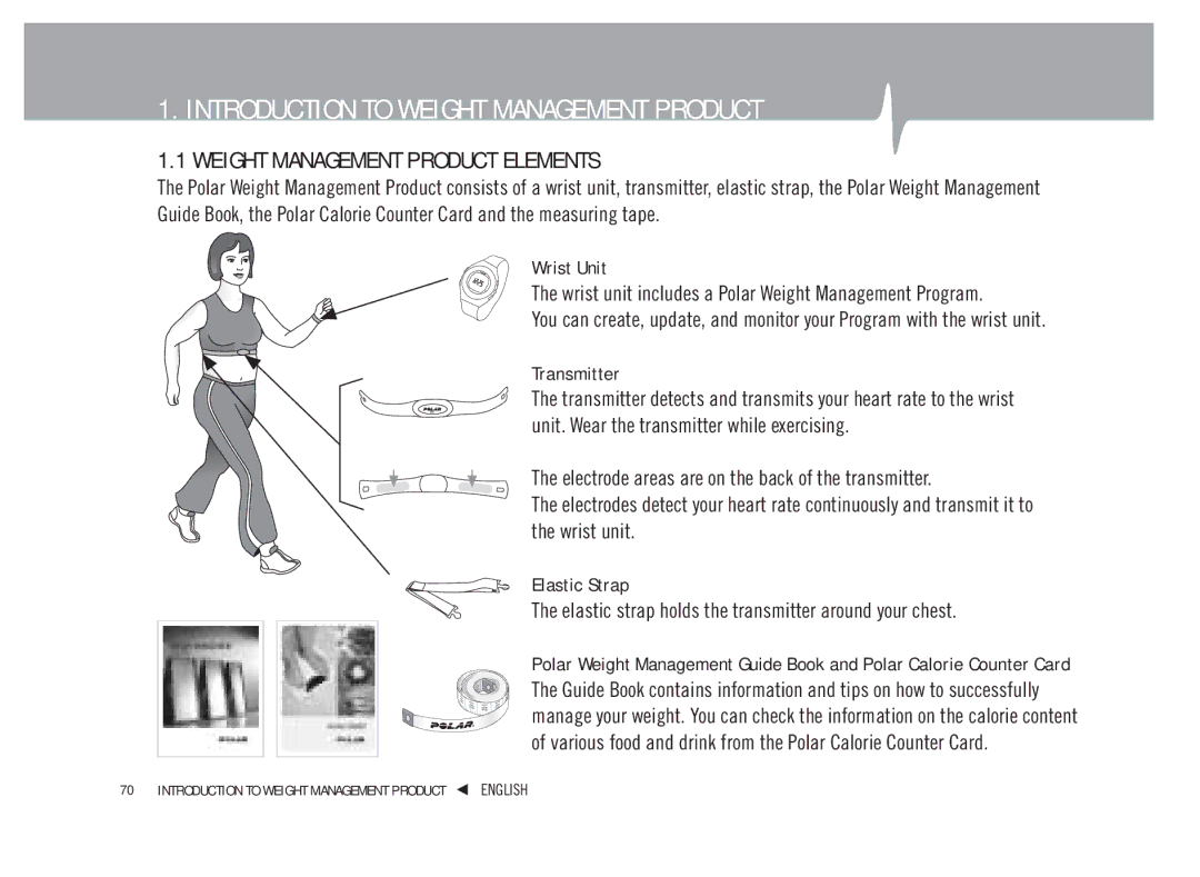 Weider WM41, WM42 Introduction to Weight Management Product, Weight Management Product Elements, Wrist Unit, Transmitter 