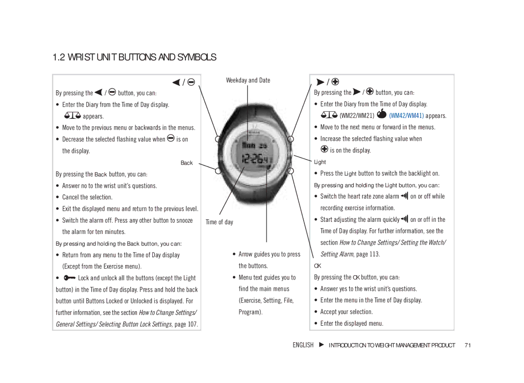 Weider WM21, WM42, WM41, WM22 user manual Wrist Unit Buttons and Symbols, Back 