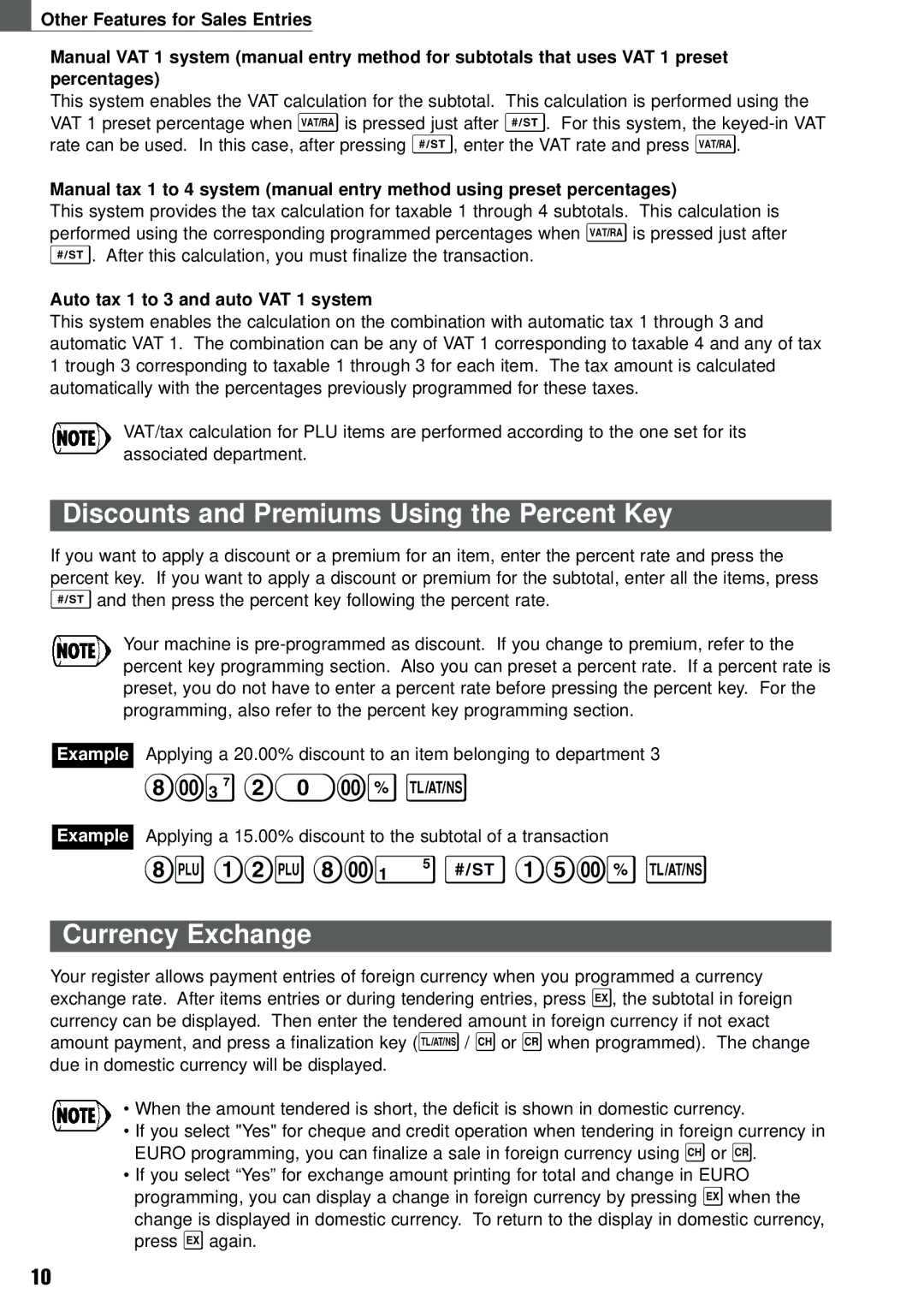 Weider XE-A101 Discounts and Premiums Using the Percent Key, Currency Exchange, Auto tax 1 to 3 and auto VAT 1 system 