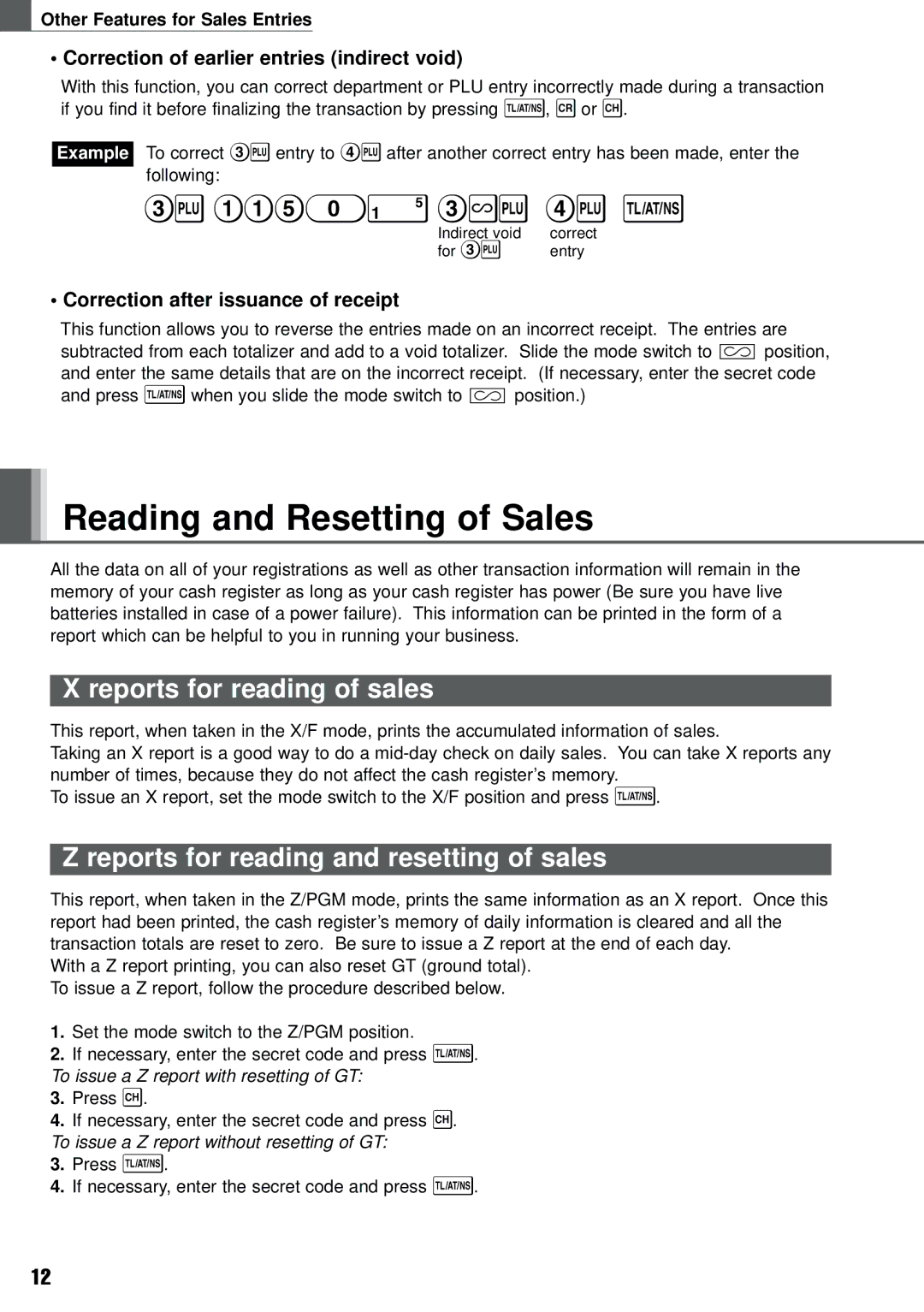 Weider XE-A101 Reading and Resetting of Sales, Reports for reading of sales, Reports for reading and resetting of sales 