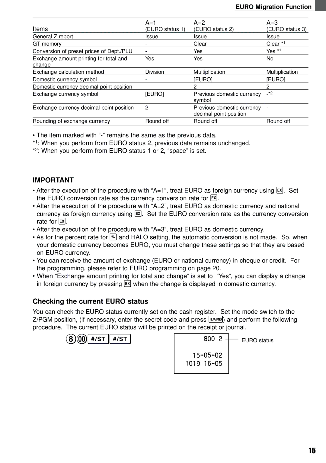 Weider XE-A101 instruction manual Checking the current Euro status, Euro Migration Function, Items 