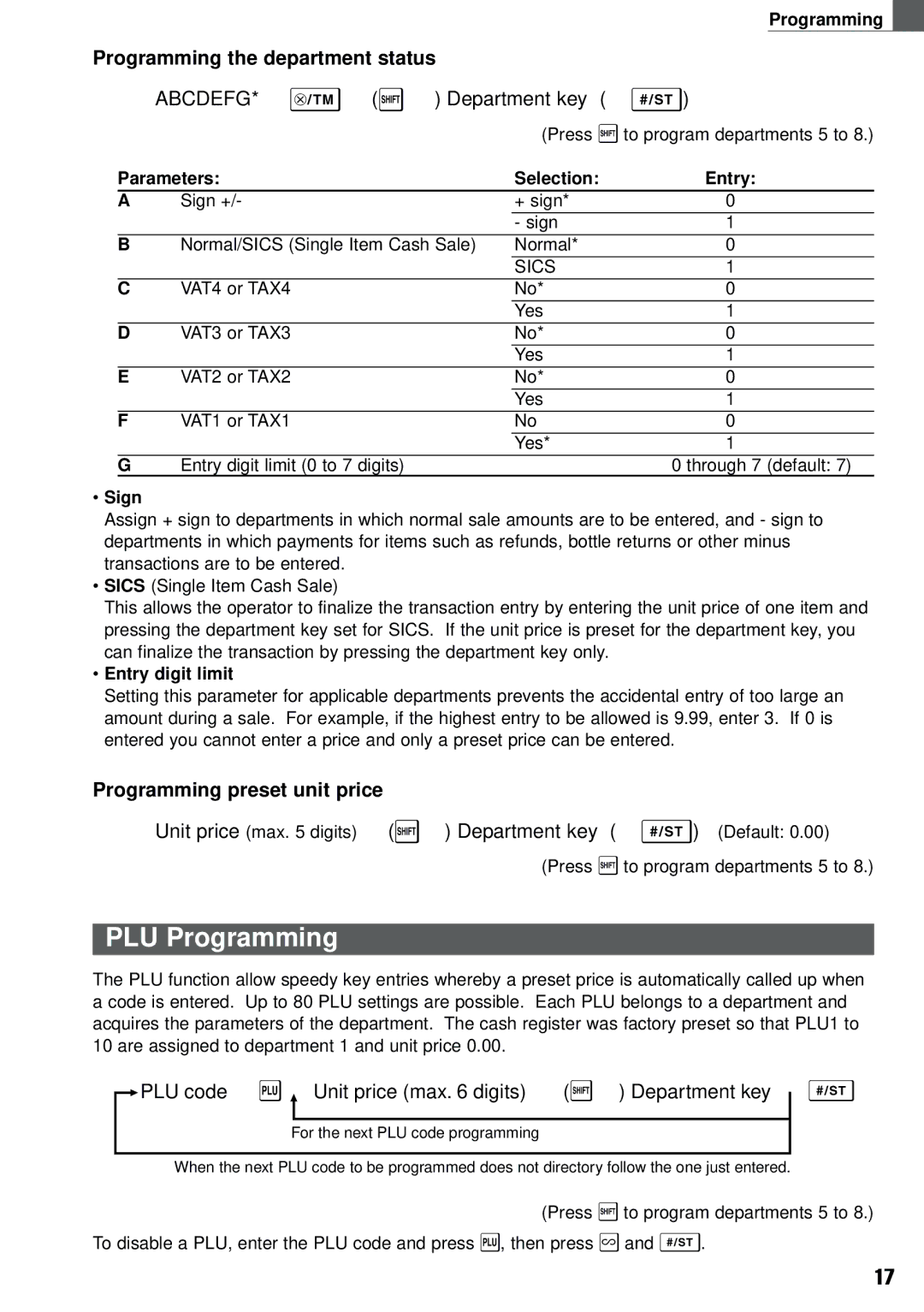 Weider XE-A101 instruction manual PLU Programming, Programming the department status, Programming preset unit price 