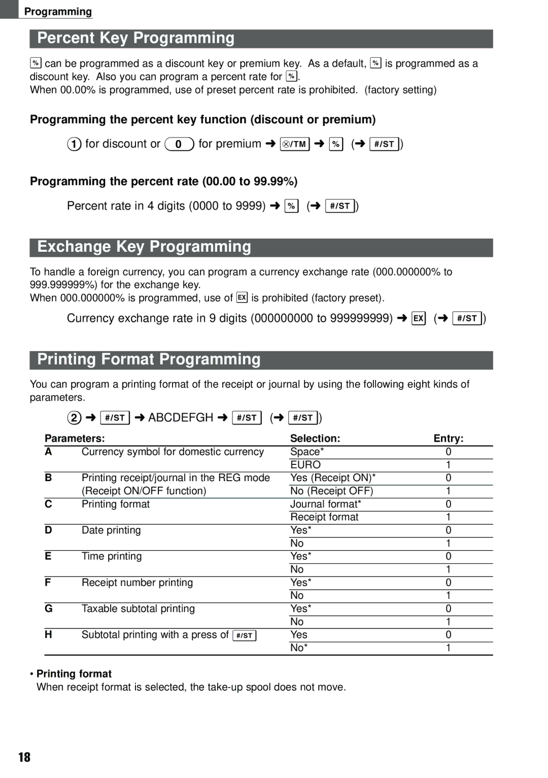 Weider XE-A101 instruction manual Percent Key Programming, Exchange Key Programming, Printing Format Programming 