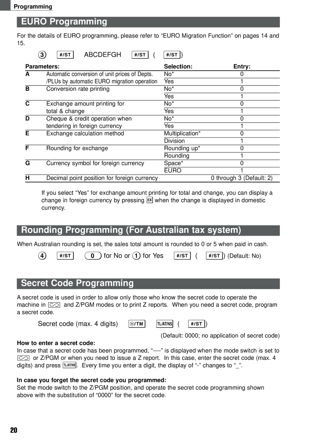 Weider XE-A101 instruction manual Euro Programming, Rounding Programming For Australian tax system, Secret Code Programming 