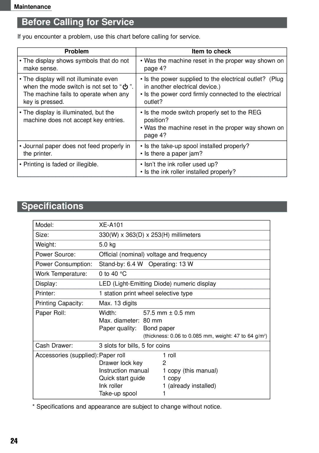 Weider XE-A101 Before Calling for Service, Specifications, Problem Item to check, Display shows symbols that do not 