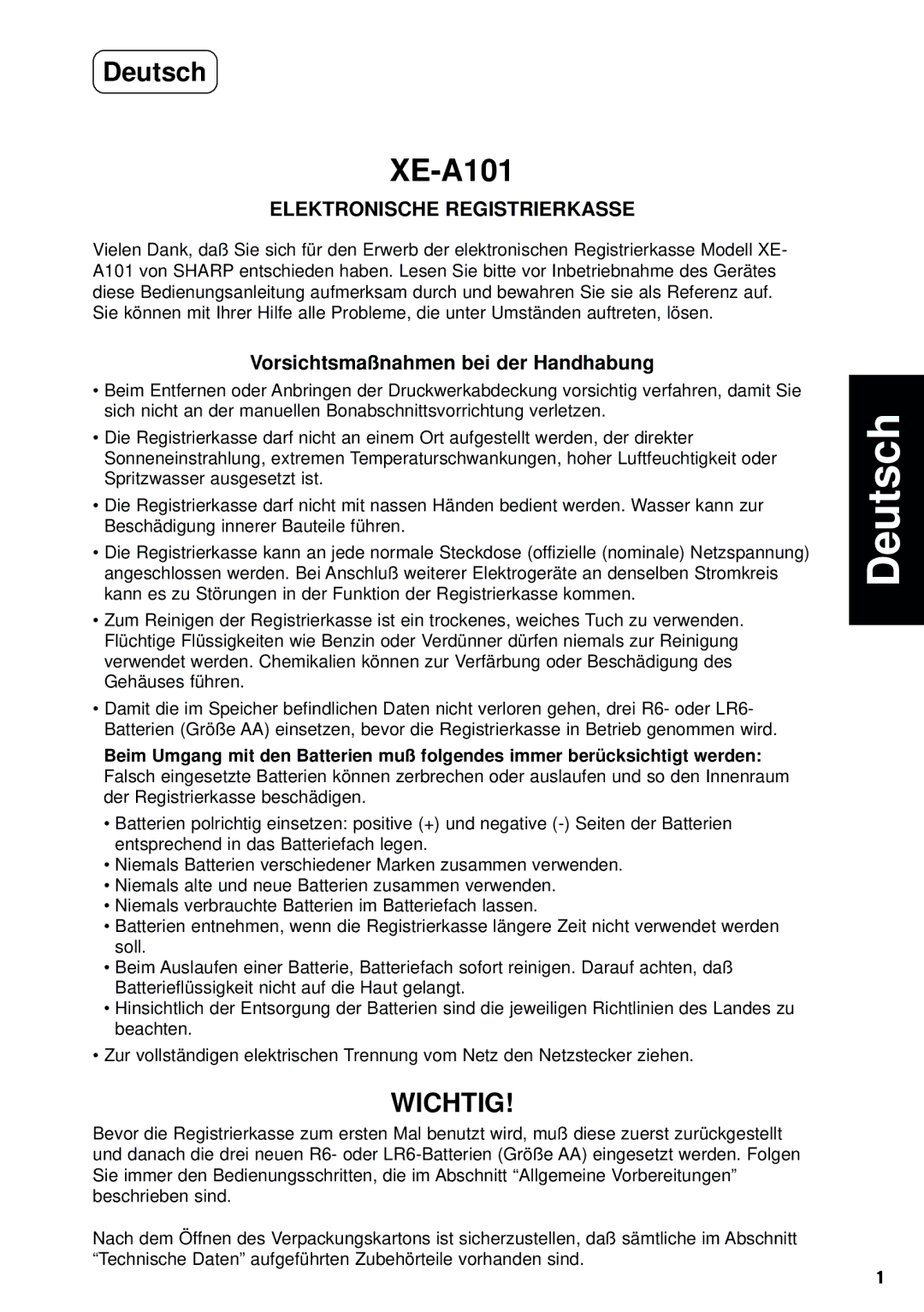 Weider XE-A101 instruction manual Elektronische Registrierkasse, Vorsichtsmaßnahmen bei der Handhabung 