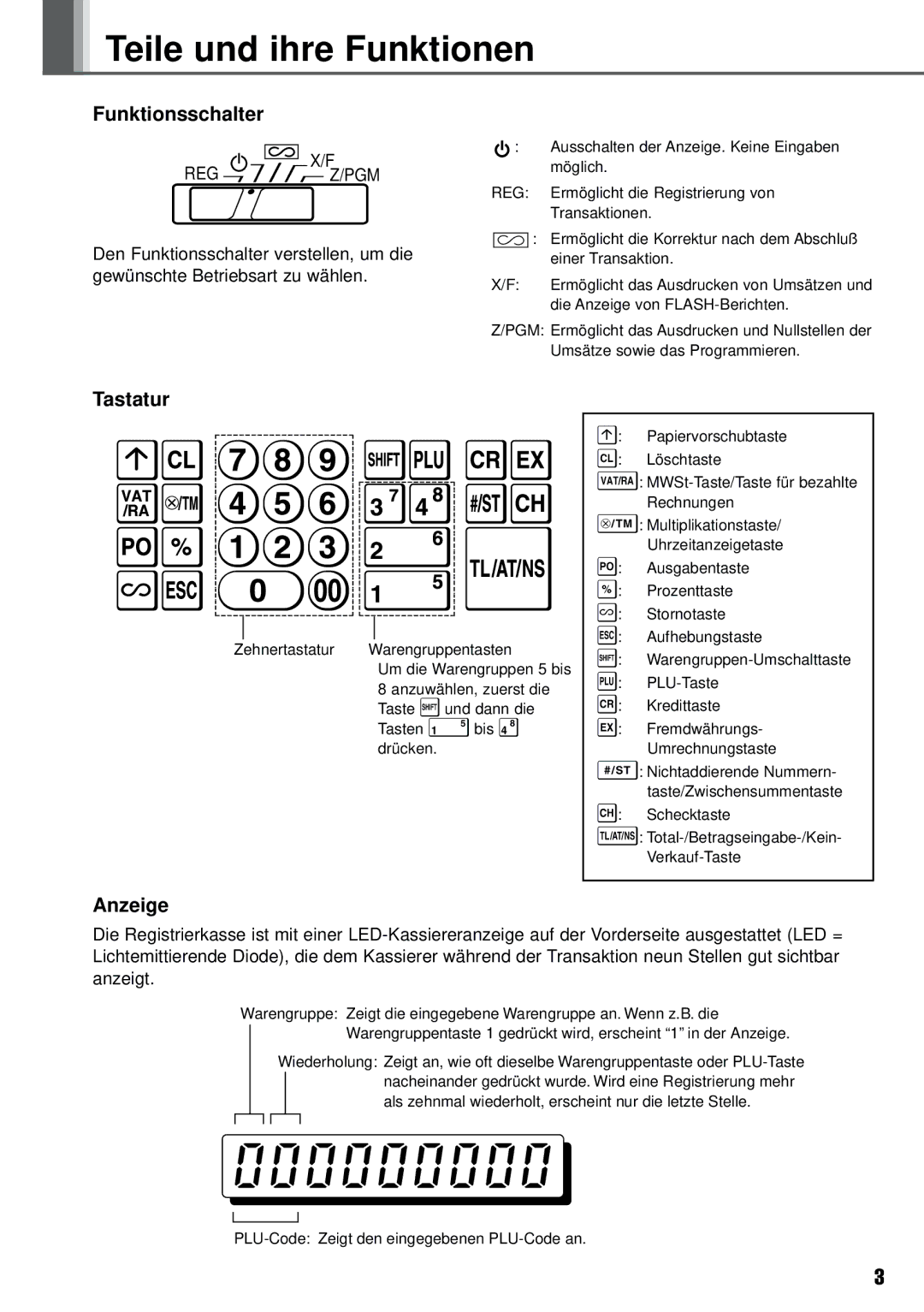 Weider XE-A101 instruction manual Teile und ihre Funktionen, Funktionsschalter, Tastatur, Anzeige 