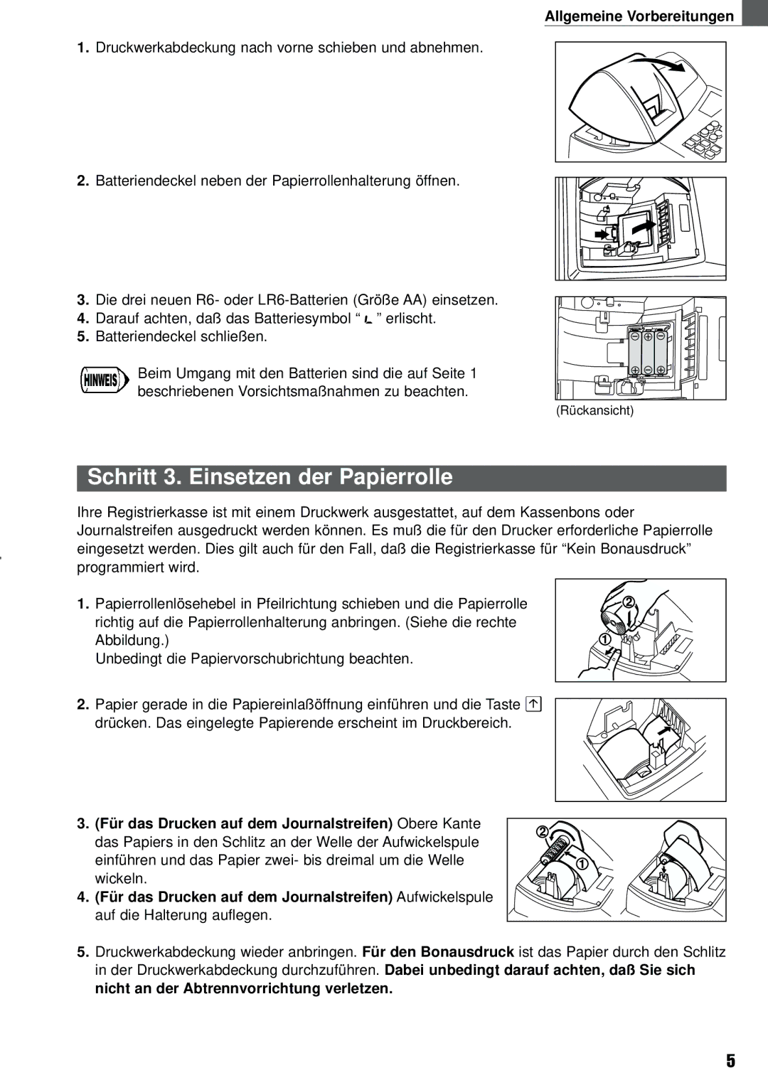 Weider XE-A101 instruction manual Schritt 3. Einsetzen der Papierrolle, Allgemeine Vorbereitungen 