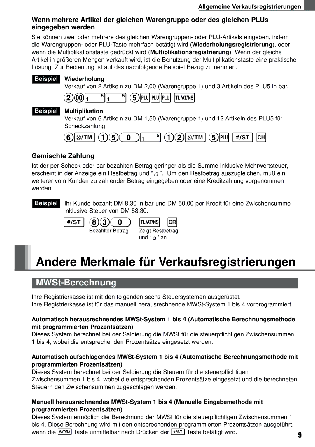 Weider XE-A101 instruction manual Andere Merkmale für Verkaufsregistrierungen, MWSt-Berechnung, Gemischte Zahlung 